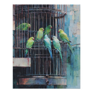 Tropical Green Blue Parrots Rustic Cage Art Poster