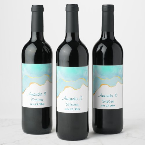 Tropical Green Blue with Gold Border Wedding Wine Label