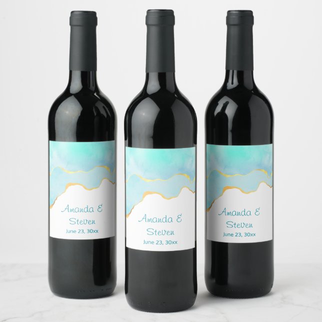 Tropical Green Blue with Gold Border Wedding Wine Label (Bottles)
