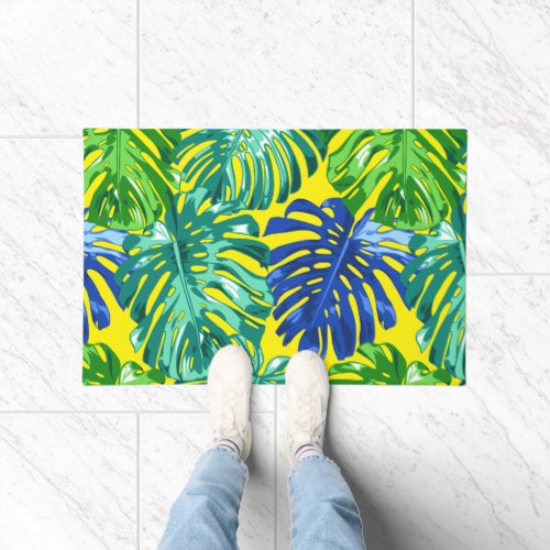 Tropical Green Blue Yellow Jungle Leaves Doormat