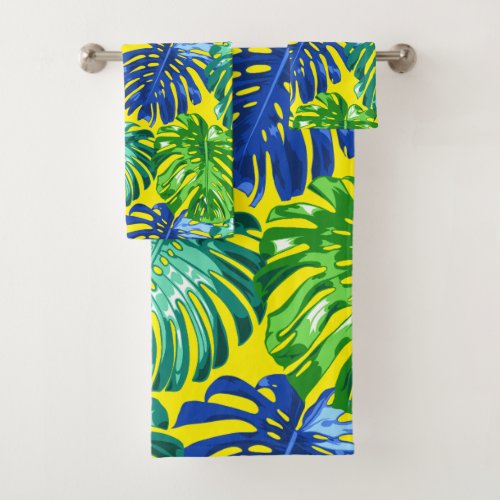 Tropical Green Blue Yellow Monstera Jungle Leaves Bath Towel Set