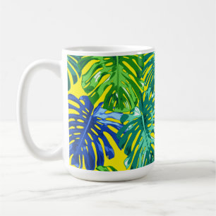 Tropical Green Blue Yellow Monstera Jungle Leaves Coffee Mug