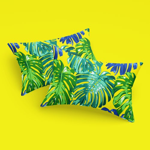 Tropical Green Blue Yellow Monstera Jungle Leaves Pillow Case