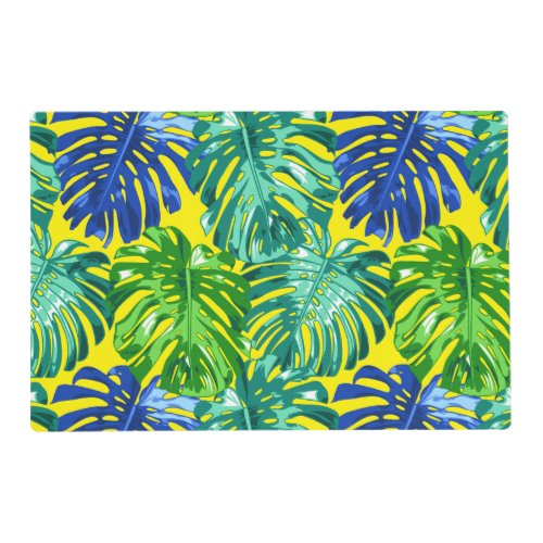 Tropical Green Blue Yellow Monstera Jungle Leaves Placemat