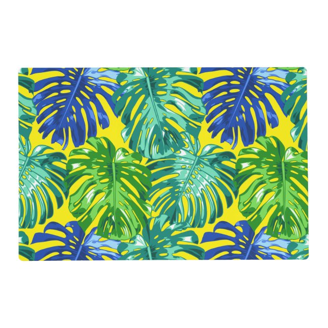 Tropical Green Blue Yellow Monstera Jungle Leaves Placemat (Front)