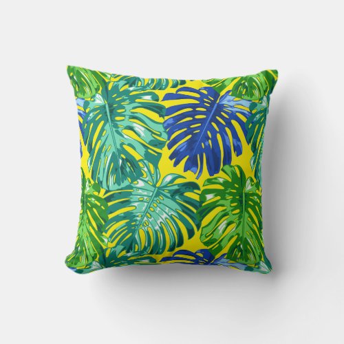 Tropical Green Blue Yellow Monstera Jungle Leaves Throw Pillow