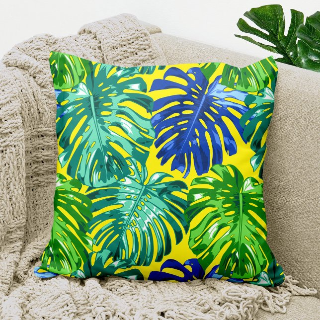 Tropical Green Blue Yellow Monstera Jungle Leaves Throw Pillow (Tropical throw pillow with colorful monstera leaves)