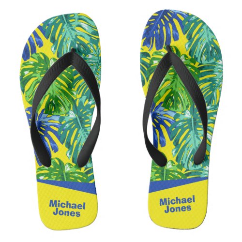 Tropical Green Blue Yellow Palm Leaves Name Flip Flops