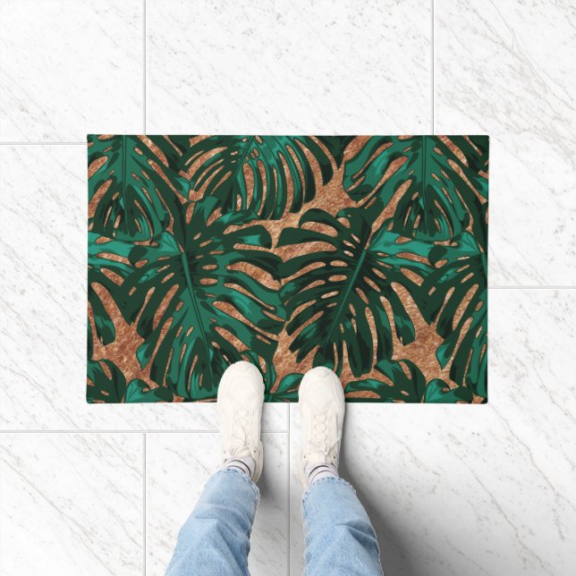 Tropical Green Brown Jungle Leaves Pattern Doormat (Indoor)