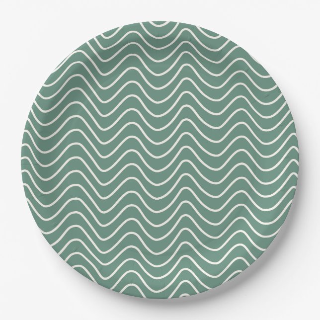 Tropical Green Chevron Pattern Minimal Zigzag Paper Plates (Front)