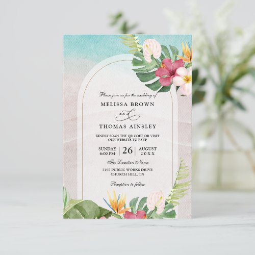 Tropical Green Elegant Chic Budget QR Code Wedding Invitation