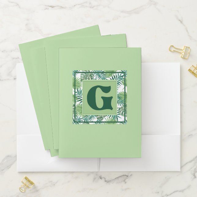 Tropical Green Fern G Monogram Pocket Folder (In Situ)