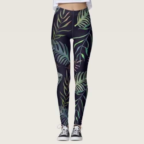 Tropical green foliage palm leaf navy blue leggings