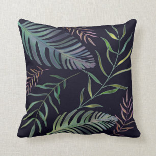 Tropical green foliage palm leaf navy blue throw pillow