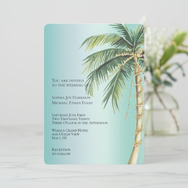 Tropical Green Glam Gold Glitzy Palm Tree Wedding Invitation (Standing Front)