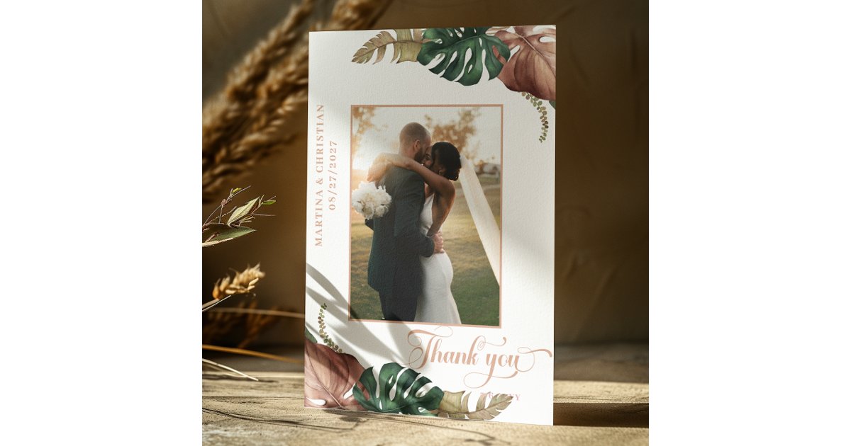 Tropical Green Gold Bronze Leaves Wedding Thank You Card | Zazzle