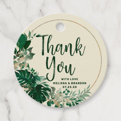 Tropical Green  Gold Circle Wreath Thank You Favor Tags