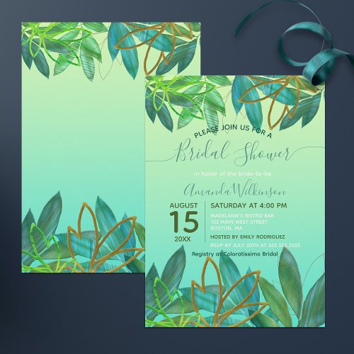 Tropical Green Gold Foil Foliage Bridal Shower Invitation
