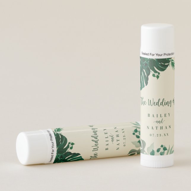 Tropical Green & Gold Foliage Beach Wedding Favor Lip Balm (Front)