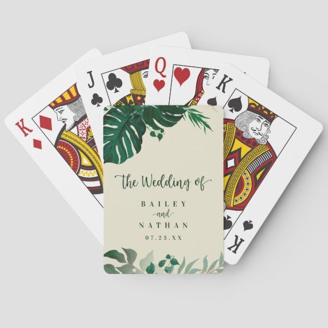 Tropical Green & Gold Foliage Beach Wedding Favor Poker Cards (Back)