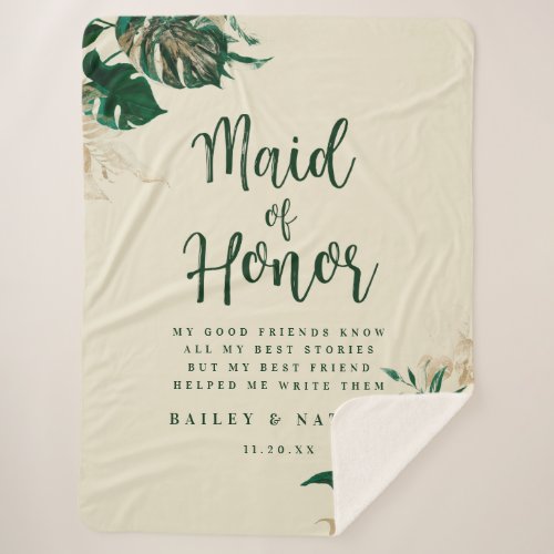 Tropical Green  Gold Foliage Maid of Honor Quote Sherpa Blanket