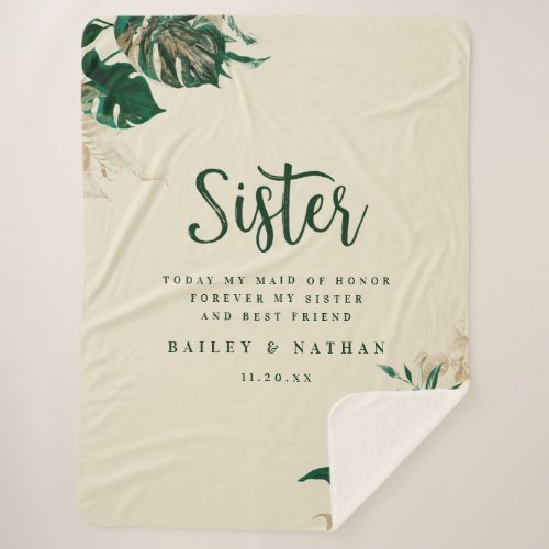 Tropical Green  Gold Foliage Sister Wedding Quote Sherpa Blanket