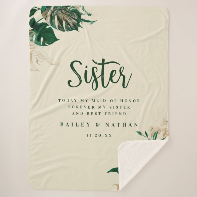 Tropical Green & Gold Foliage Sister Wedding Quote Sherpa Blanket (Front)