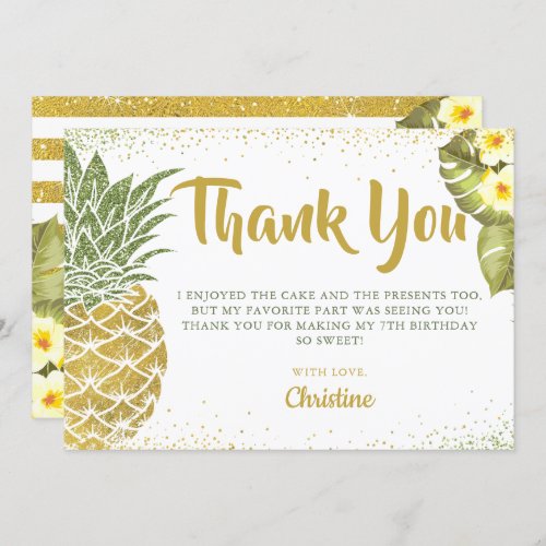 Tropical Green Gold Glitter Pineapple Birthday Thank You Card