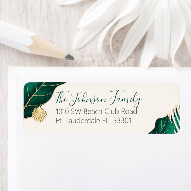 Tropical Green Gold & Ivory Holiday Return Address Label (Insitu)