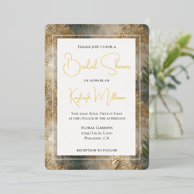 Tropical Green Gold Leaves Bridal Shower Foil Invitation (Standing Front)