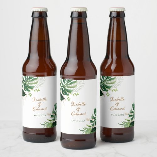 Tropical Green  Gold Monstera Leaves Beer Bottle Label