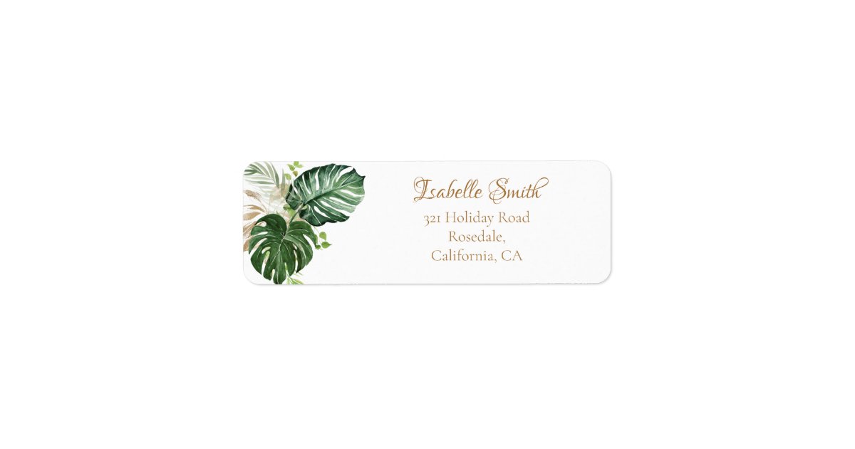Tropical Green Gold Monstera Leaves Return Address Label | Zazzle