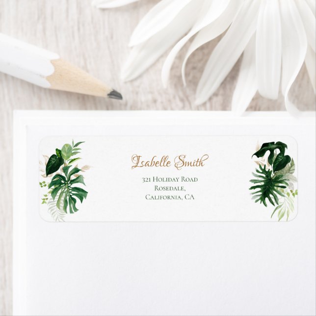 Tropical Green & Gold Monstera Leaves RSVP RTS Label (Insitu)