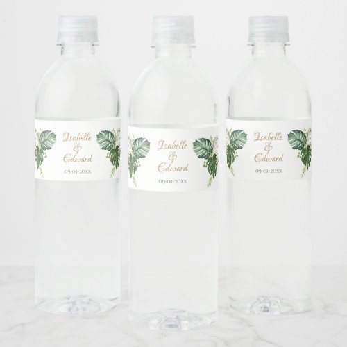 Tropical Green  Gold Monstera Leaves Water Bottle Label