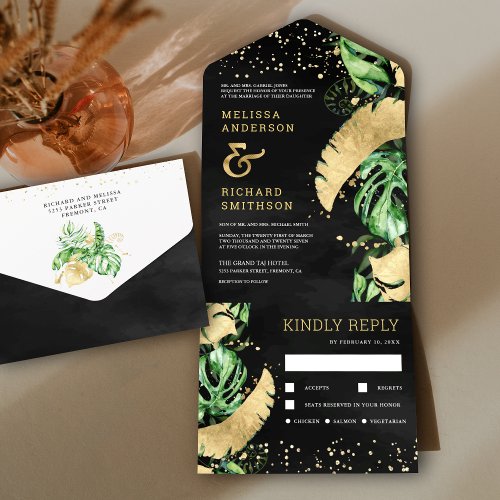 Tropical Green Gold Monstera Palm Black Wedding All In One Invitation