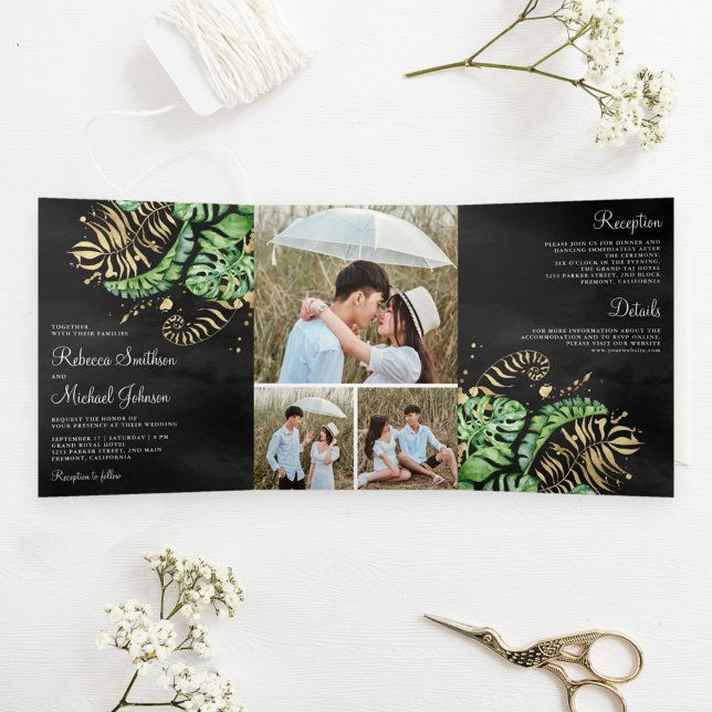 Tropical Green Gold Monstera Palm Black Wedding Tri-Fold Invitation (Creator Uploaded)