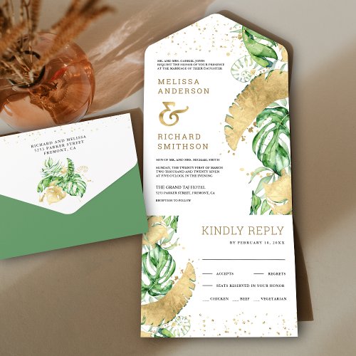 Tropical Green Gold Monstera Palm Leaves Wedding All In One Invitation