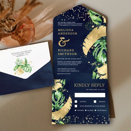 Tropical Green Gold Monstera Palm Navy Wedding All In One Invitation
