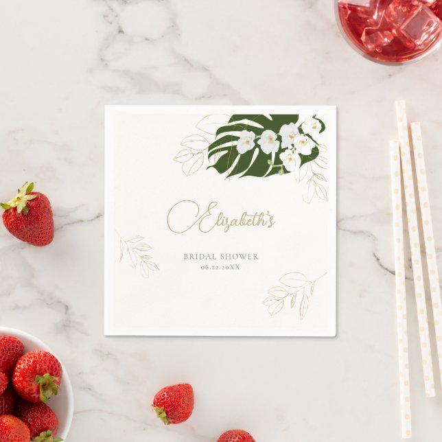 Tropical Green Gold Orchids Elegant Bridal Shower Napkins (Insitu)