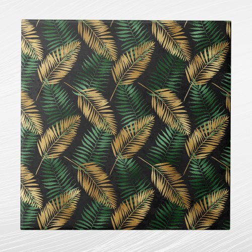 Tropical Green Gold Palm Leaves Glam Ceramic Tile