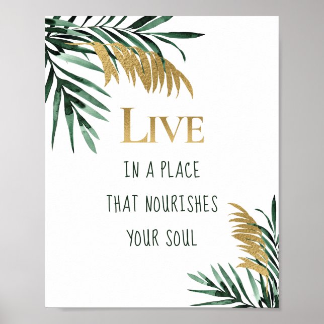Tropical Green Gold Palm Leaves Motivational Poster (Front)