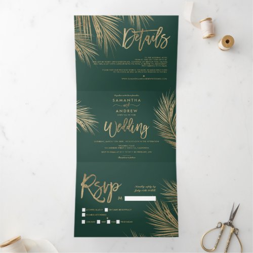 Tropical green gold palm tree elegant wedding Tri_Fold invitation