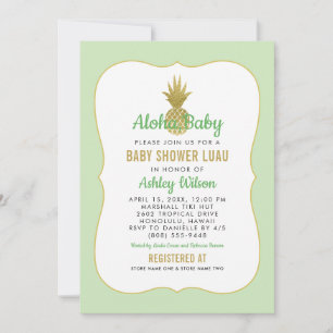 Tropical Green Gold Pineapple Baby Shower Luau Invitation