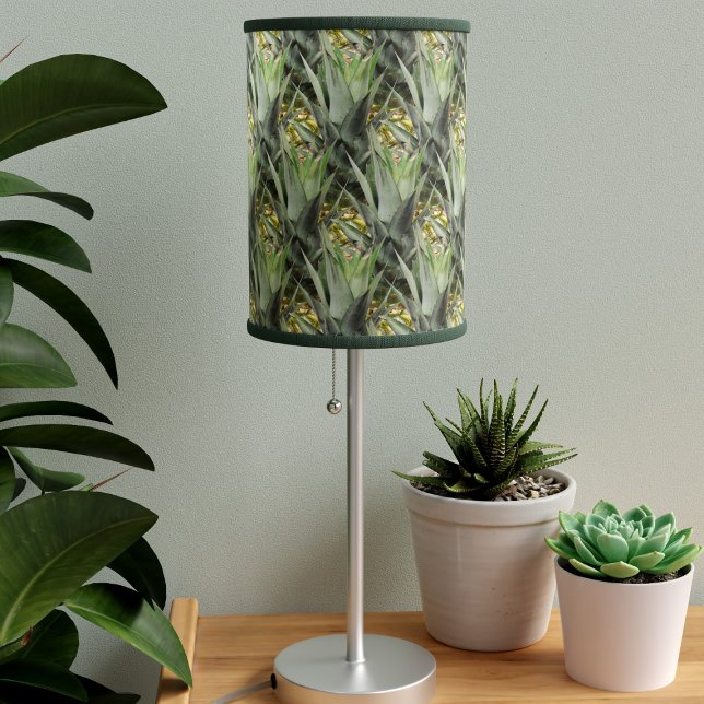 Tropical Green Gold Pineapple Leaf Pattern Table Lamp (A tropical green pineapple leaf patterned table lamp just for you; green trim oos - choose black)