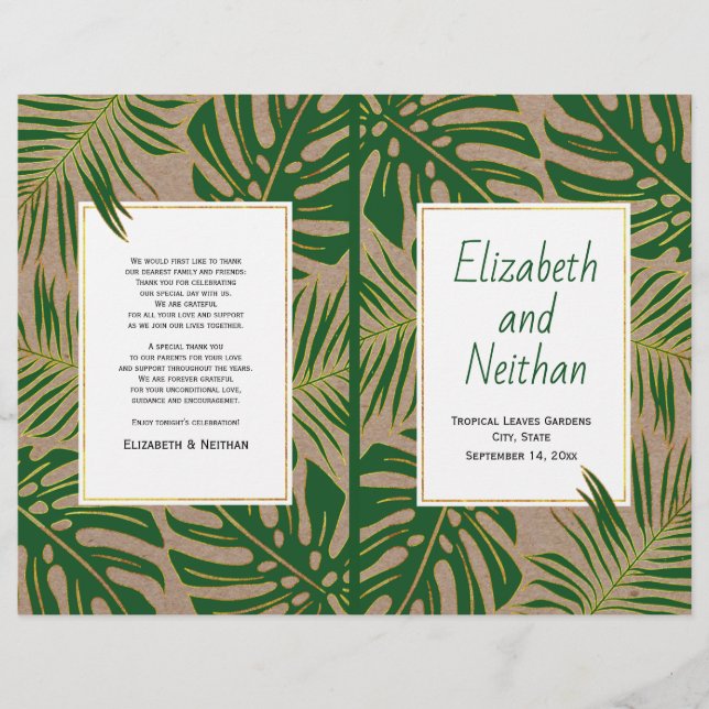 Tropical green gold rustic bi-fold wedding program (Front)