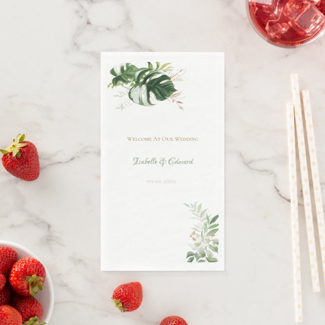 Tropical Green & Gold Watercolor Palm Leaves Paper Guest Towels (Insitu)