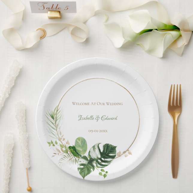 Tropical Green & Gold Watercolor Palm Leaves Paper Plates (Wedding)