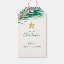 Tropical Green Gold Watercolor Starfish Christmas Gift Tags