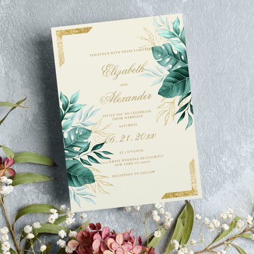 Tropical green ivory gold glitter floral wedding invitation