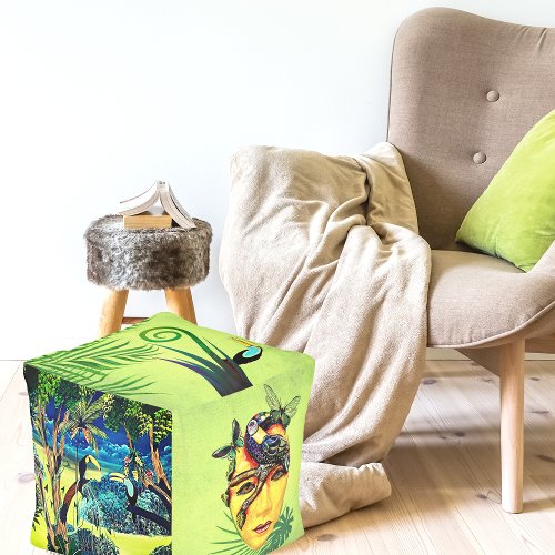 Tropical Green Jungle Parrot Toucan Bird Mask Pouf